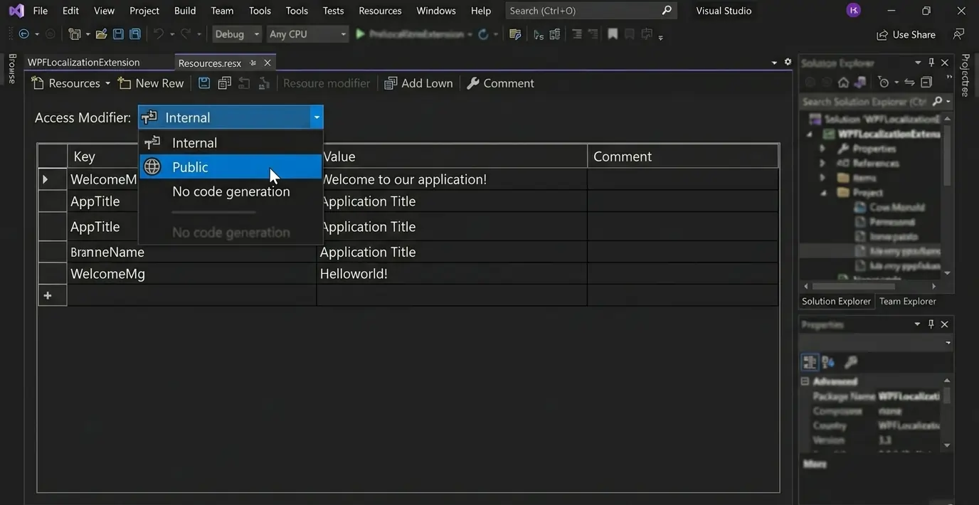 Change access modifier in a resource file
